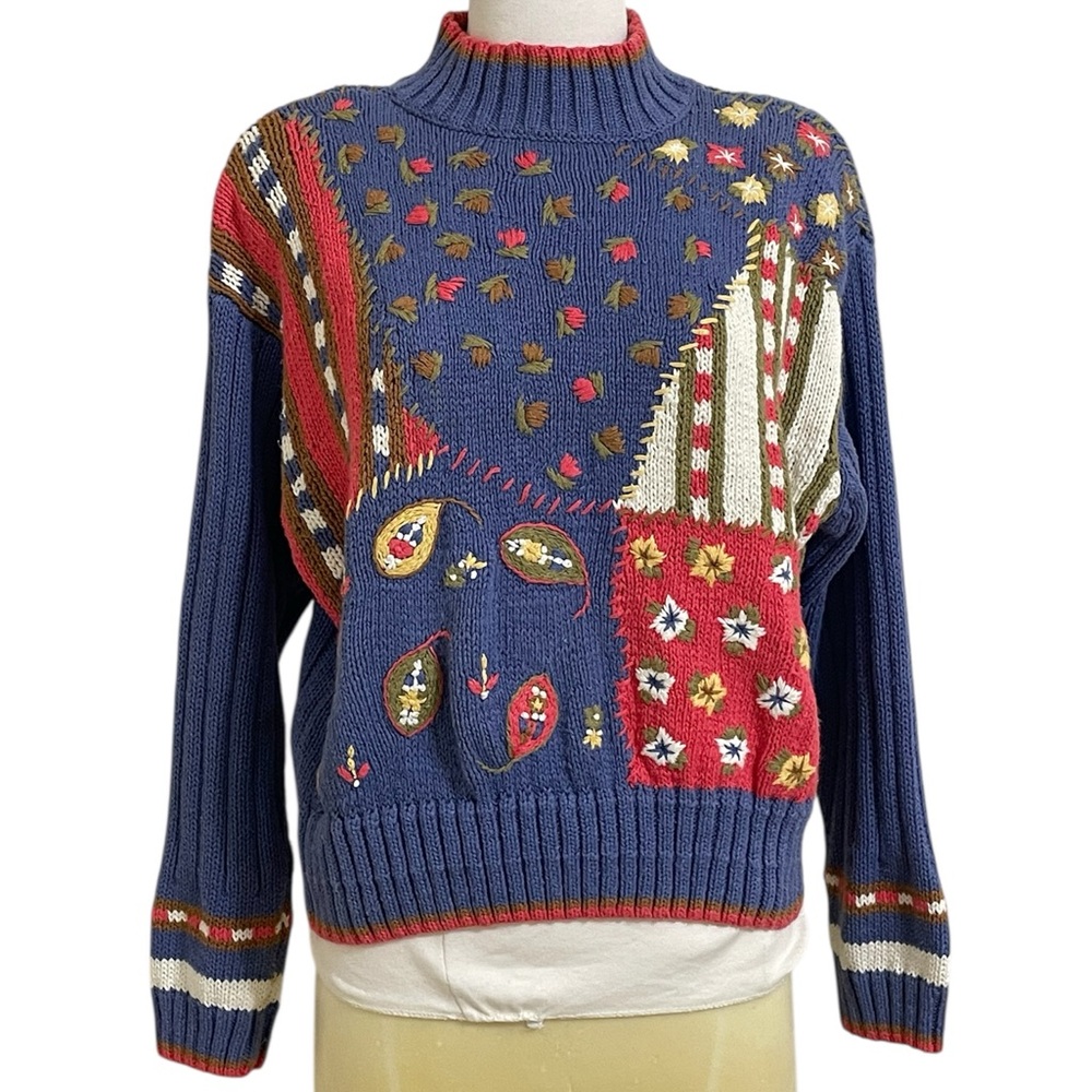 VINTAGE 80s Blue Red Bulky Knit Patchwork Embroidered Mock Neck Sweater Petite